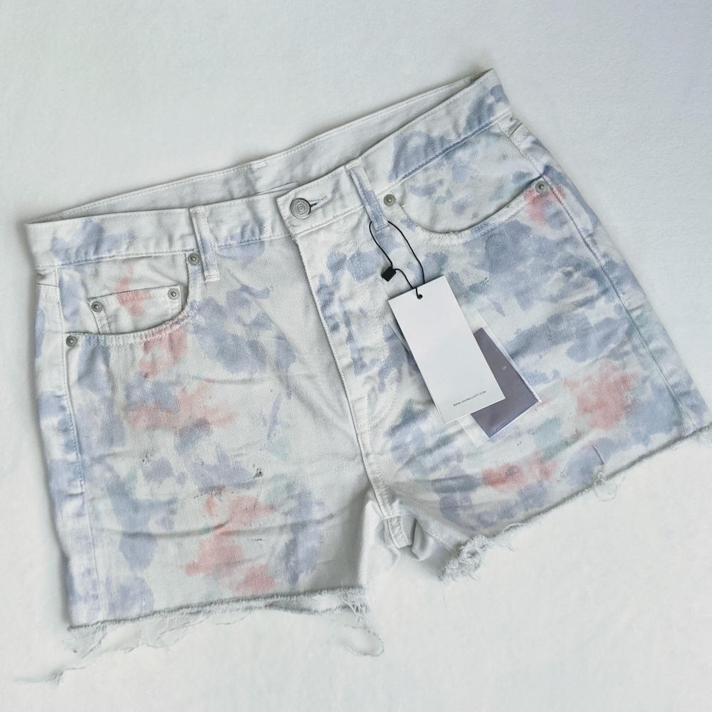 John Elliott Denim Shorts Tie Dye 5-Pocket Fray Hem White Purple Push Pop 29 NWT